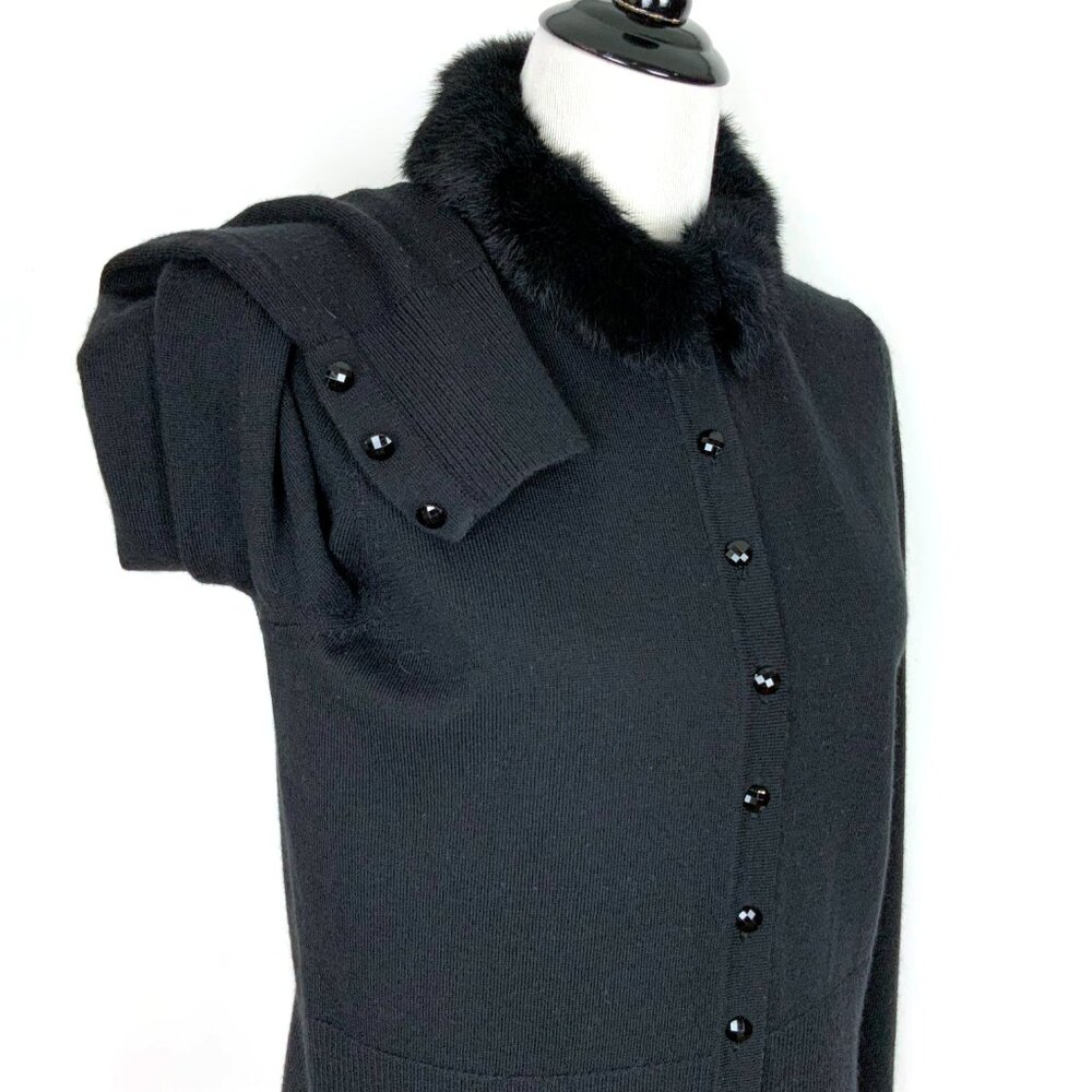 J. Mclaughlin Wool Button Up Rabbit Fur Collar Cardigan Sweater Black Size L